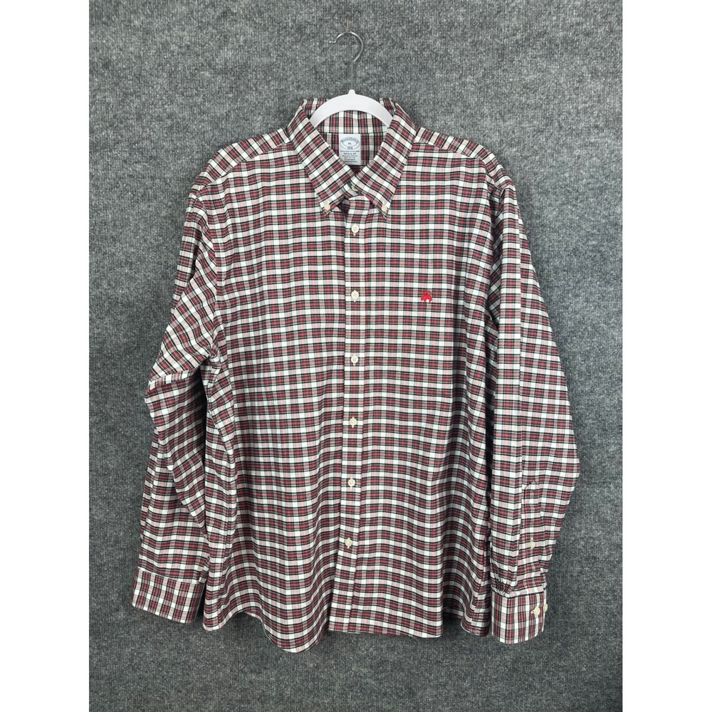 Brooks‎ Brothers Button Down Polo Shirt Mens XL Red Plaid Stretch Non-Iron